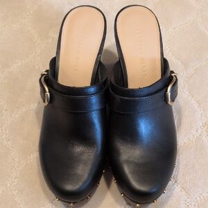 Veronica Beard Black Leather Mules with Gold Accents